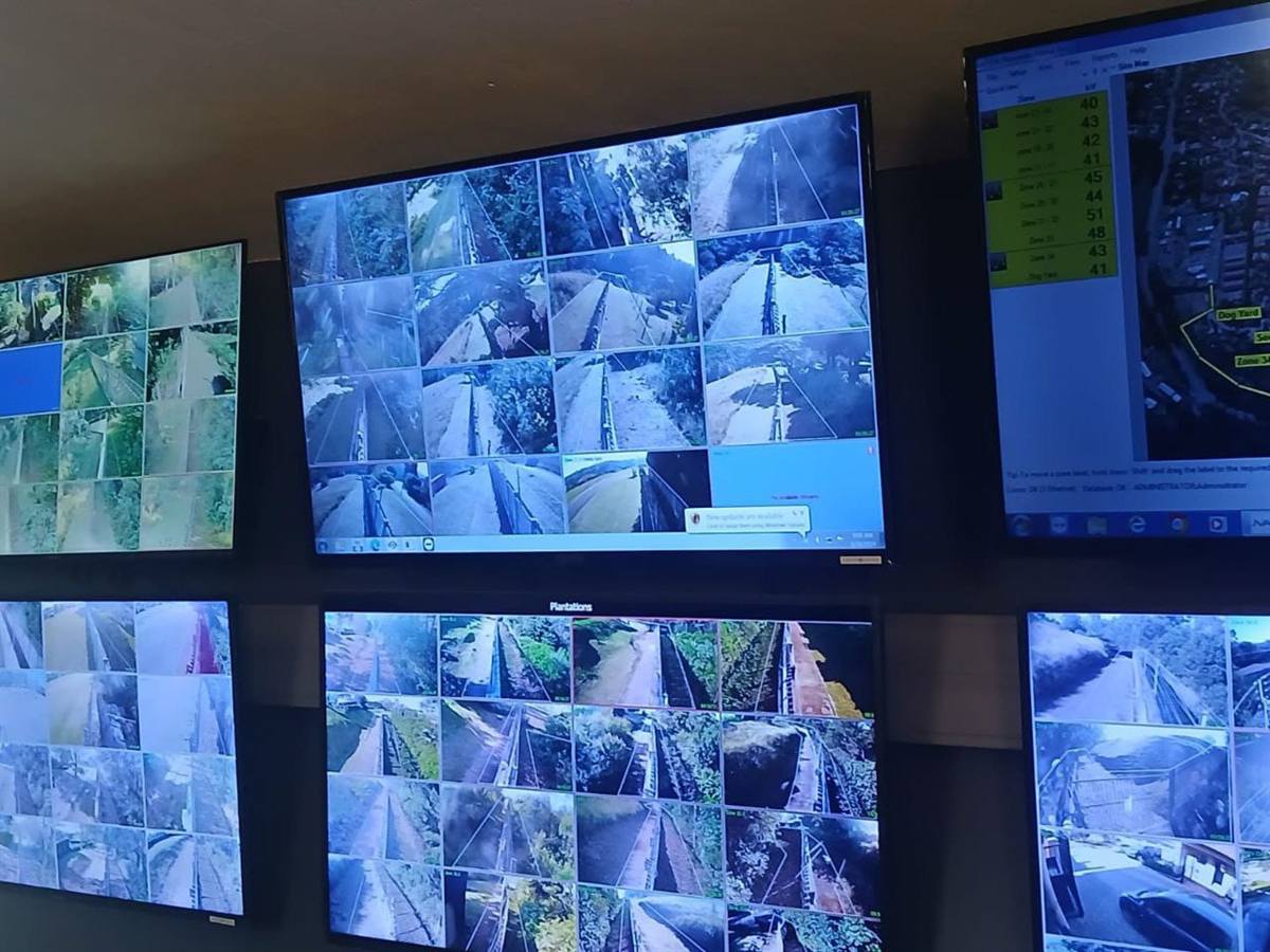 Live CCTV feeds on a control-room monitor wall